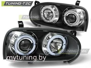 Передние фары VW Golf 3 angel eyes black