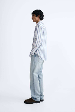 ZARA РУБАШКА ИЗ СМЕСОВОГО ЛЬНА, БЕЛЫЙ/МОРСКОЙ СИНИЙ