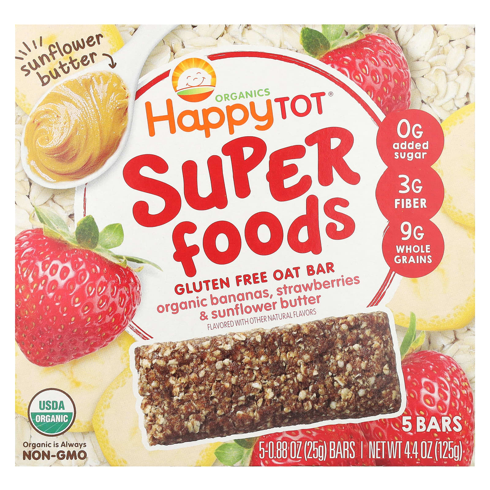 Happy Family Organics, Happy Tot, суперфуды, овсяный батончик без глютена, органические бананы, клубника и подсолнечное масло, 5 батончиков, 25 г (0,88 унции)