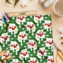 Ткань кулирная гладь узор из еловых веток и рябины