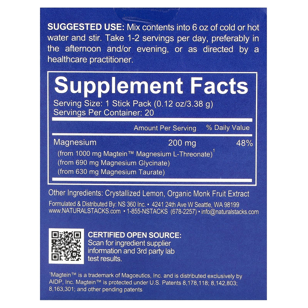 Natural Stacks, MagTech®, магний, со вкусом лимонада, 20 пакетиков по 3,38 г (0,12 унции)