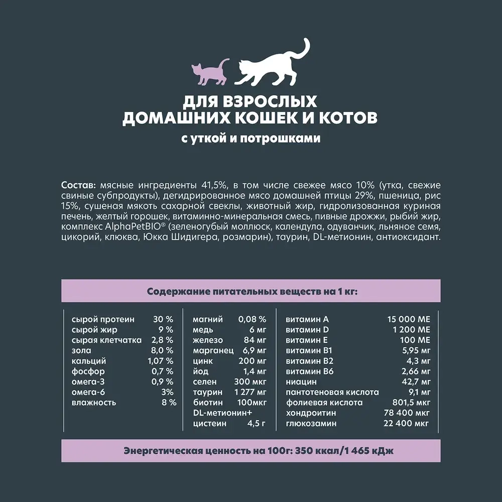 Корм сухой для кошек AlphaPet WOW (АльфаПет) 0,35кг с уткой и потрошками сухой для кошек