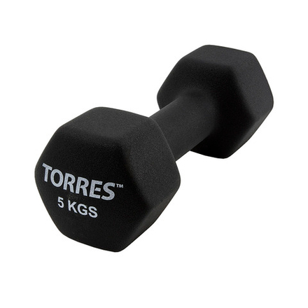 Гантель TORRES 5 кг, PL55015, металл в неопреновой оболочке, форма шестигранник, черный