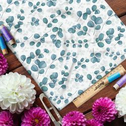 Ткань саржа крупные полупрозрачные листья на белом фоне