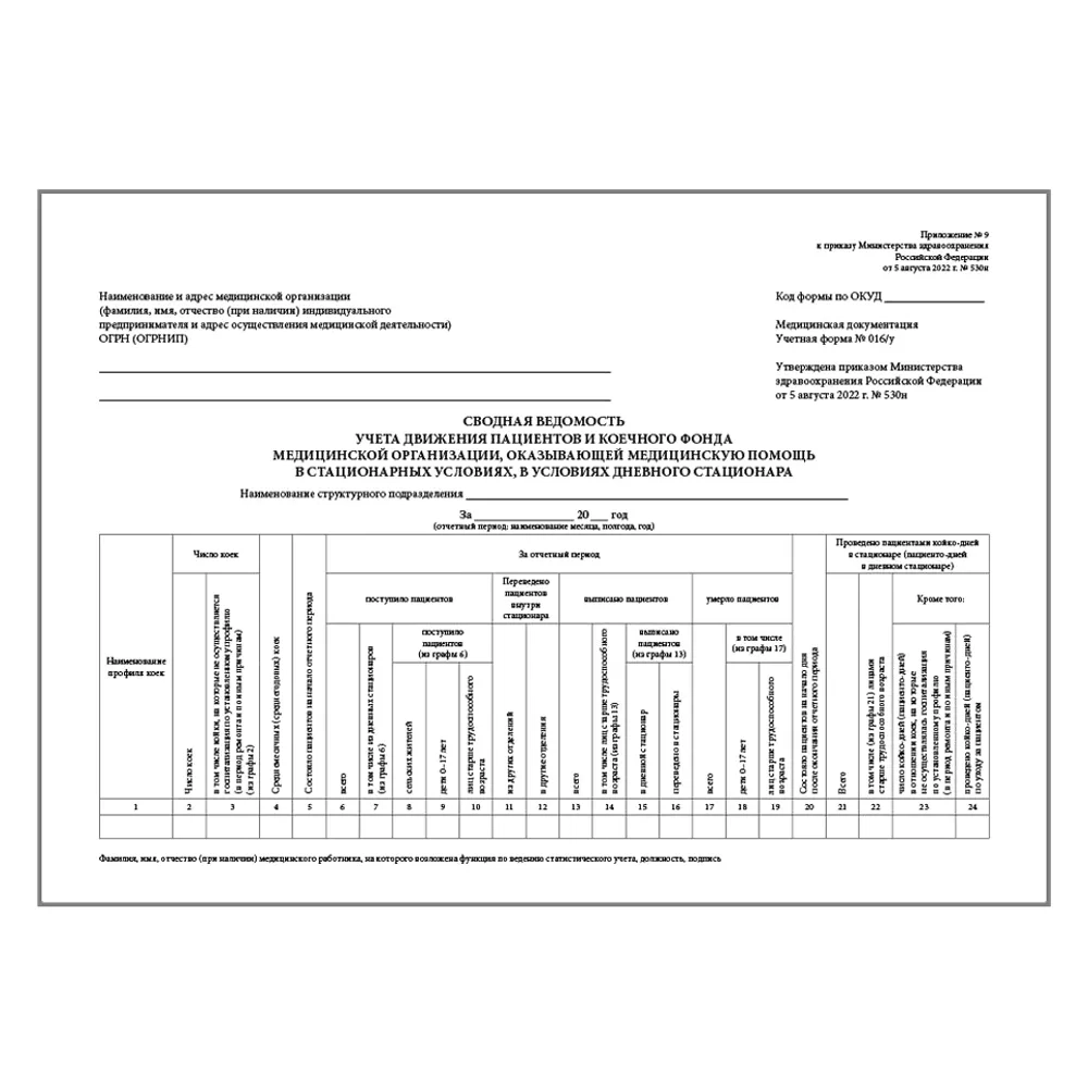 Сводная ведомость учета движения пациентов и коечного фонда медицинской организации, оказывающей медицинскую помощь в стационарных условиях, в условиях дневного стационара форма № 016/у