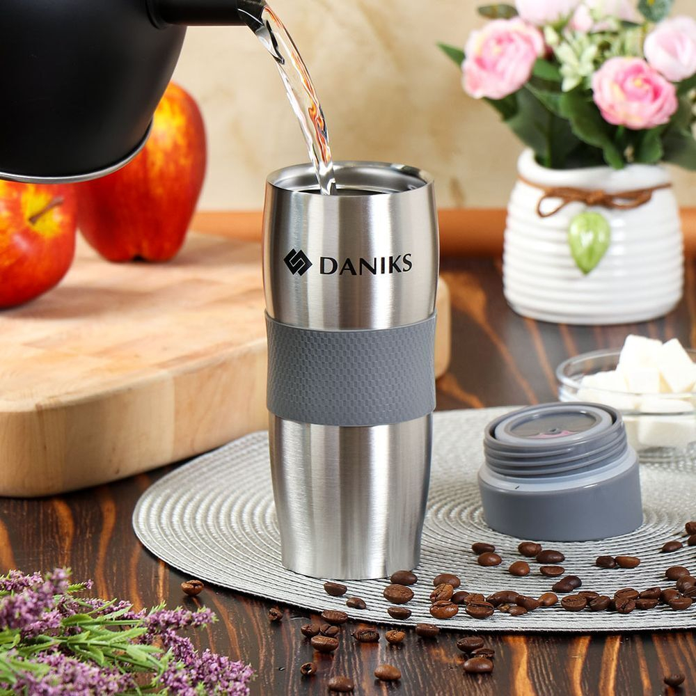 Термокружка нерж сталь, пластик, 0.38 л, Daniks, сереб-сер, SL-069