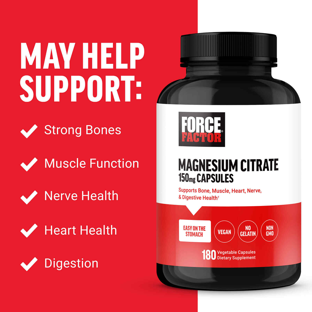 Force Factor, цитрат магния, 150 мг, 180 растительных капсул