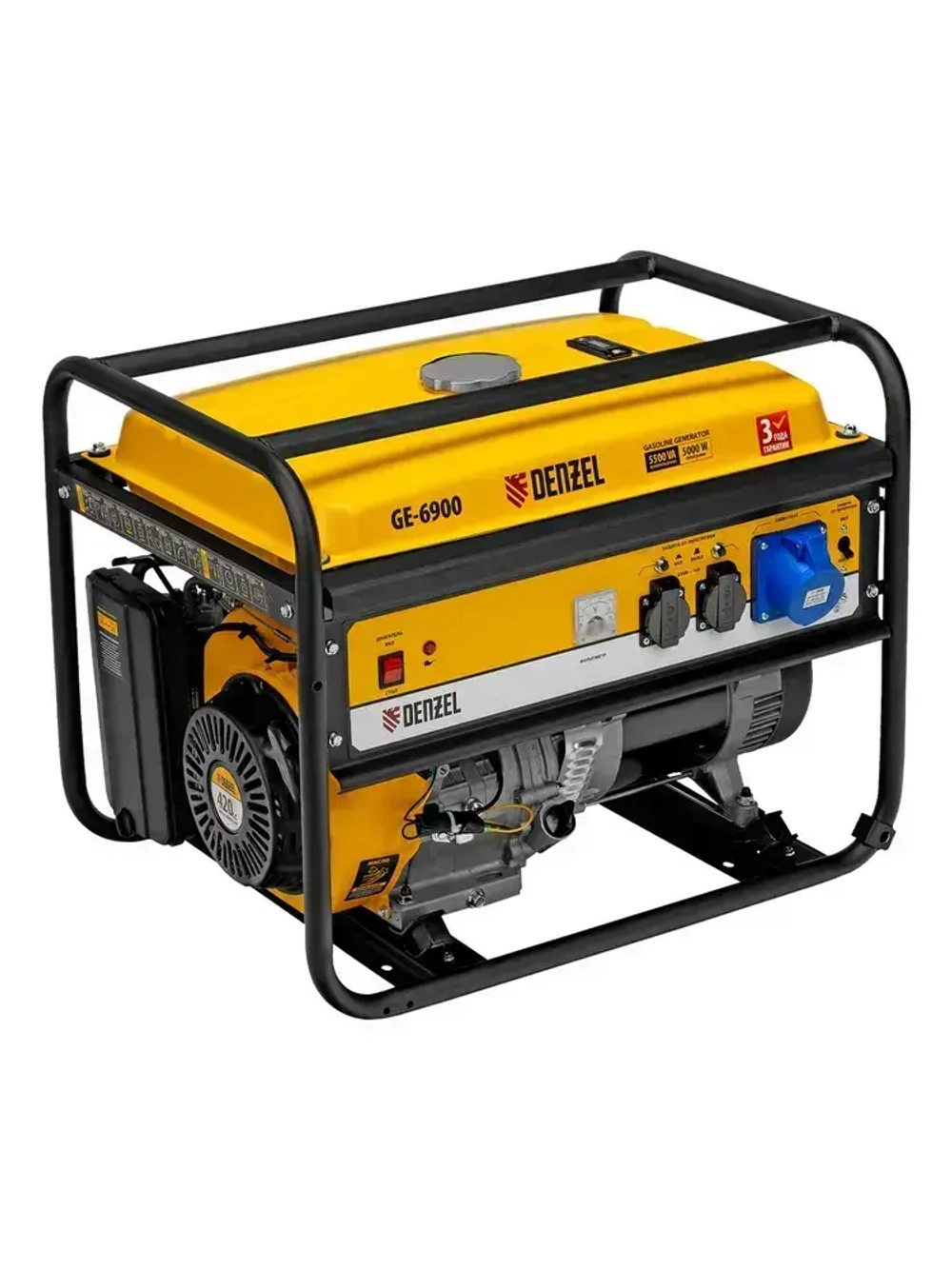 Генератор бензиновый DENZEL GE-6900, 5.5 кВт, 420 см3 объем двигателя, 220 В и 25 л объем топливного бака, ручной стартер и блок AVR, 3 розетки 94637