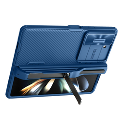 Чехол синего цвета с держателем для S Pen на Samsung Galaxy Z Fold 5 от Nillkin, серия CamShield Fold Case-Pen Holder Version, с сдвижной шторкой для камеры