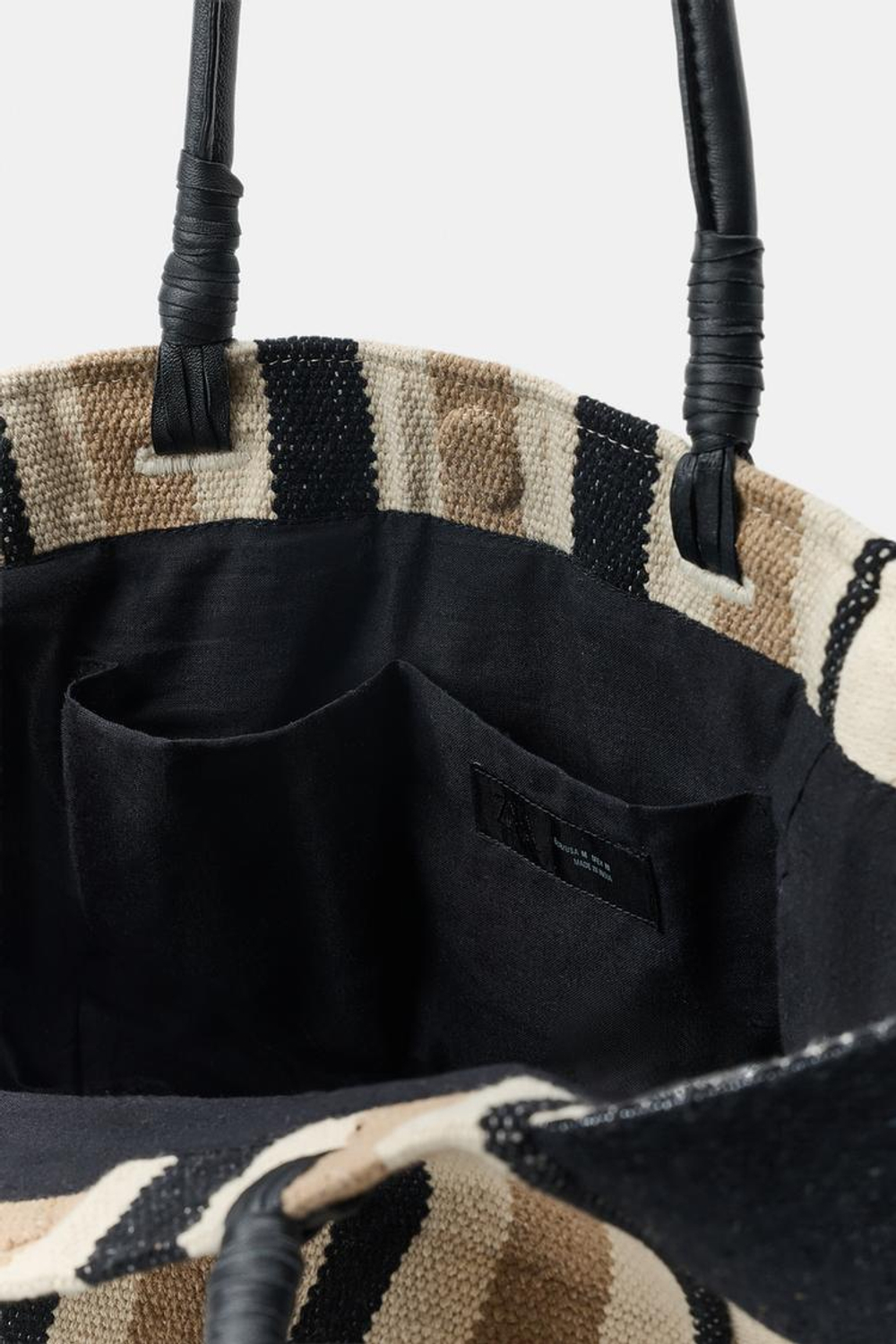 ZARA СУМКА В ПОЛОСКУ С КОЖАНЫМИ РУЧКАМИ, ПЕСОЧНЫЙ