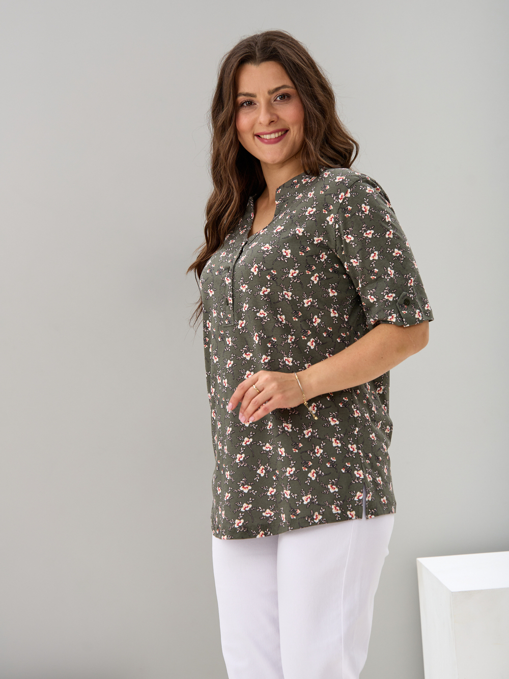 Блузка БЛ-122/хаки-цветыветочка