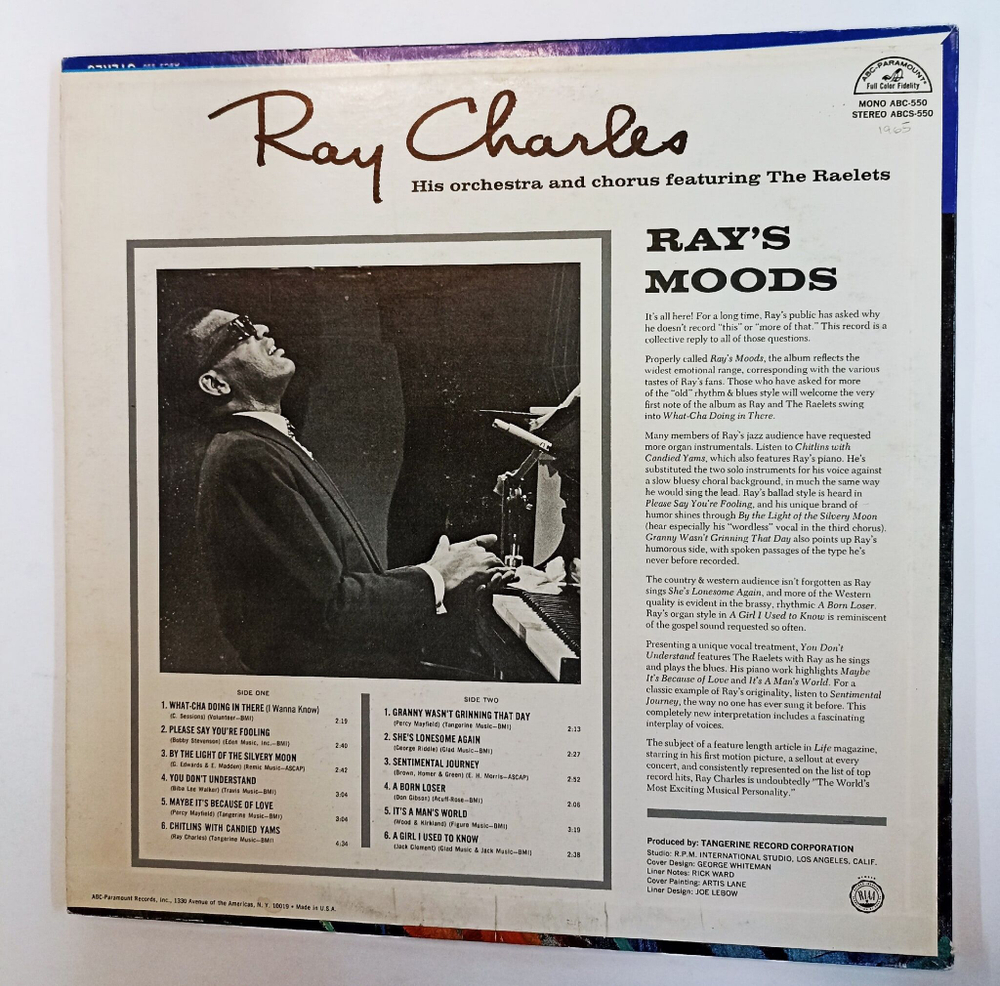 Винтажная виниловая пластинка LP Ray Charles His Orchestra And Chorus Rays Moods (USA 1966)