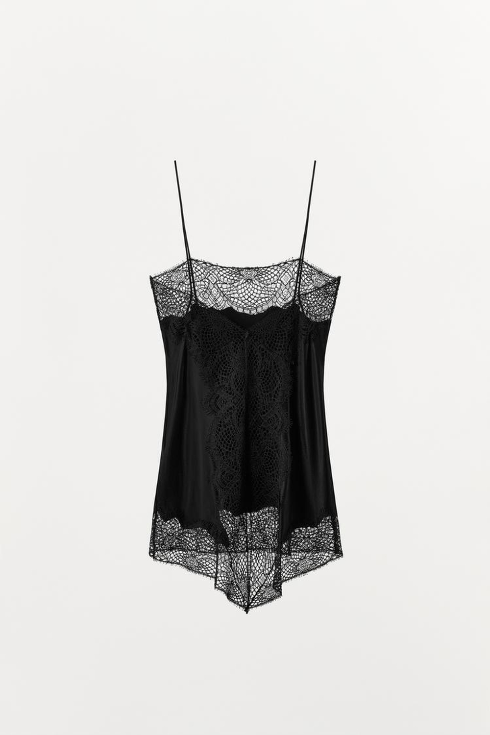 ZARA АТЛАСНЫЙ ТОП В БЕЛЬЕВОМ СТИЛЕ С КРУЖЕВОМ, ЧЕРНЫЙ