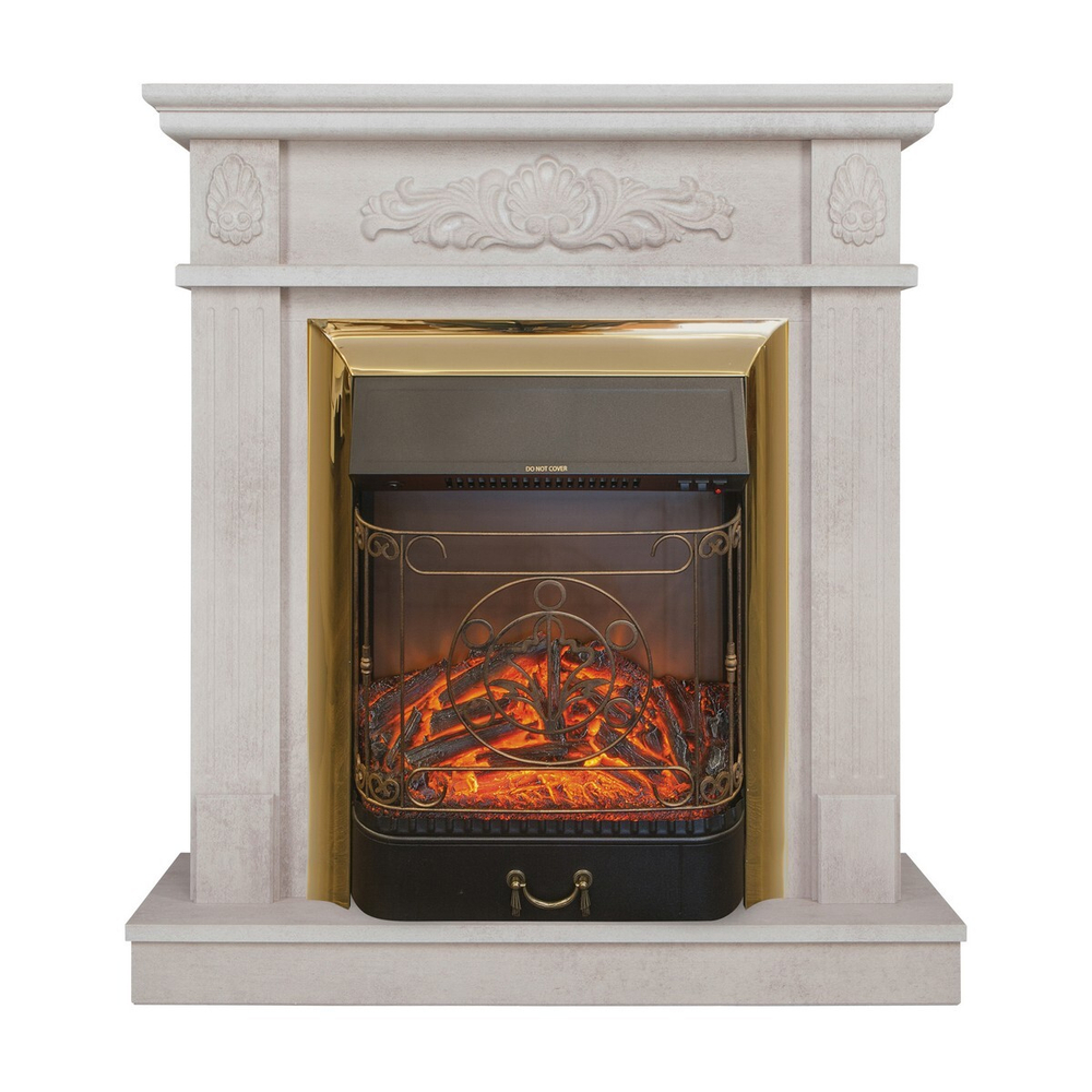 Электрокамин RealFlame Adelaida WT белый камень с очагом Majestic Lux Brass