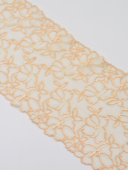 Вышивка на сетке бежевая с золотистой ниткой эластичная ширина 18 см