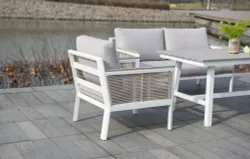 "Сан Ремо" кресло плетеное из роупа садовое, каркас алюминий белый, роуп бежевый, ткань бежевая