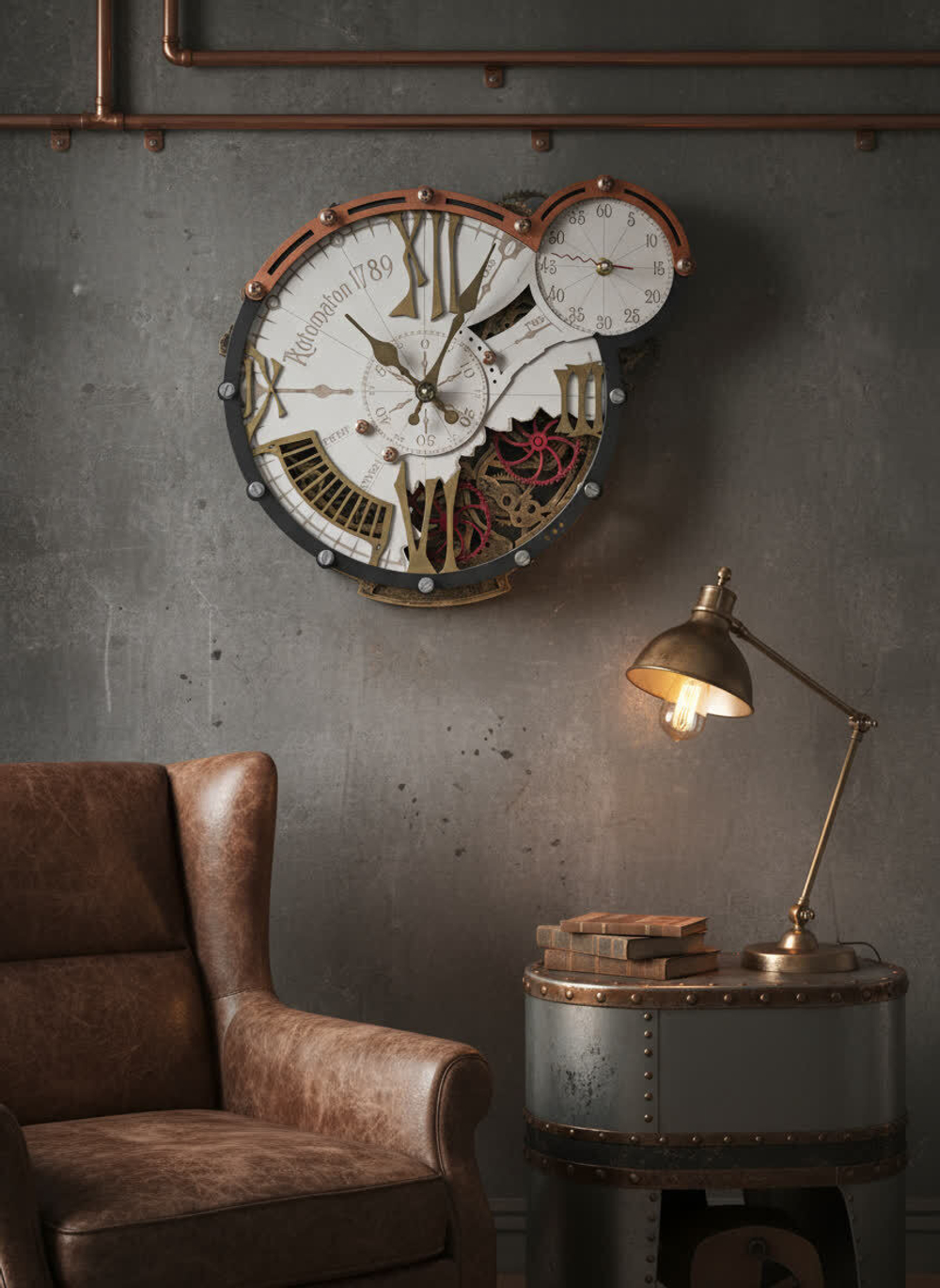 Интерьер в стиле лофт с настенными часами WOODandROOT Automaton 1789 Hermitage над столом и винтажной лампой