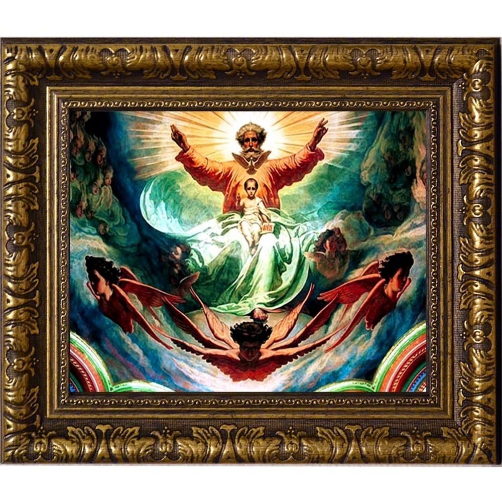 Бог Отец, Бог Сын и исхождение Святого Духа (Троица на херувимах). Икона на холсте с мощевиком.