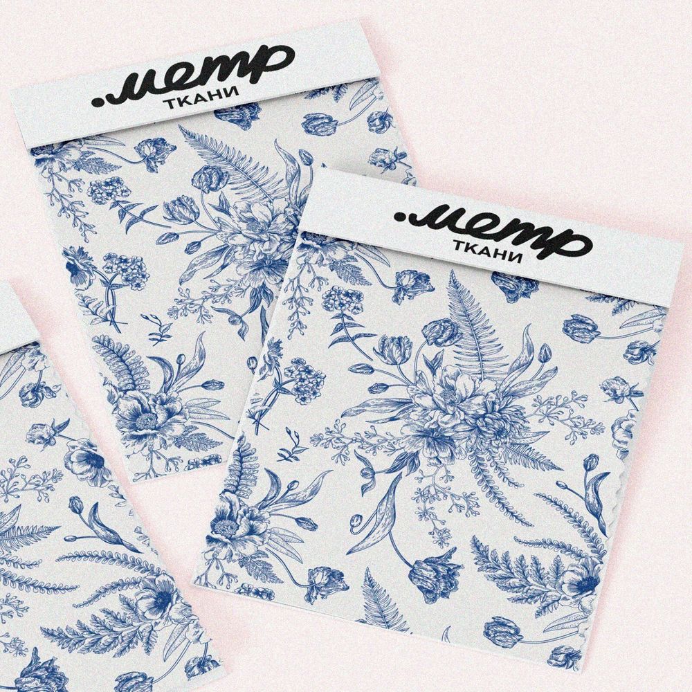 Ткань интерлок синие листья и цветы