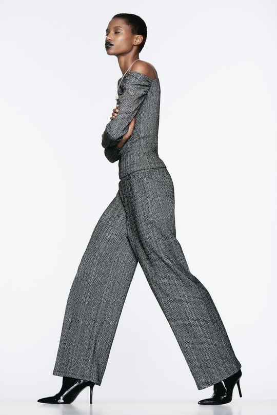 ZARA ШИРОКИЕ БРЮКИ С ТЕКСТУРНЫМ УЗОРОМ, ЧЕРНЫЙ/БЕЛЫЙ