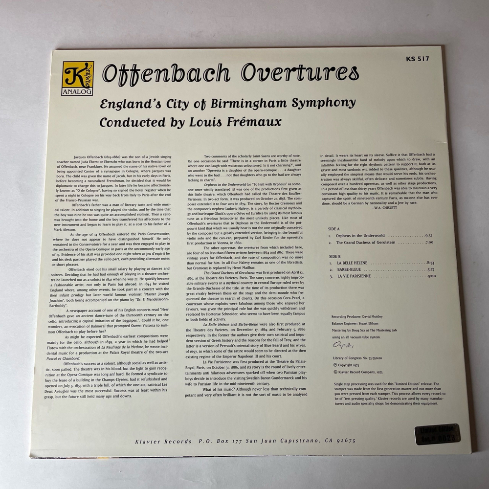 Винтажная виниловая пластинка LP Offenbach Жак Оффенбах, With City Of Birmingham Symphony, Conducted By Louis Fremaux, Offenbach Overtures Увертюры (США 1973)