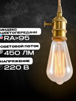 Лампа накаливания (винтажная лампочка) Эдисона Emilion Loft Edison ST64 (E27, 40Вт, Теплый свет)