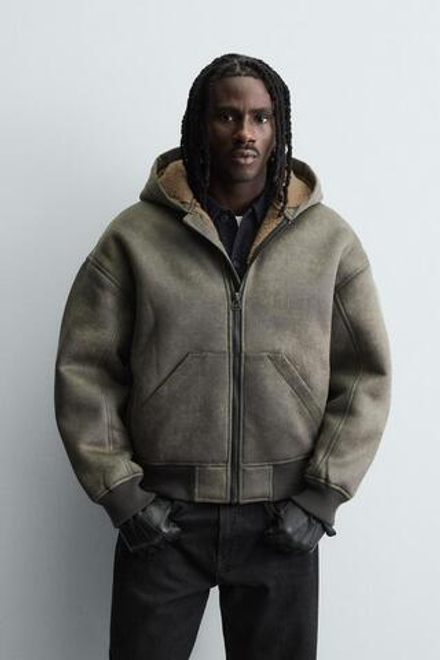 ZARA КУРТКА - ДУБЛЕНКА ИЗ ИСКУССТВЕННОЙ КОЖИ С ЭФФЕКТОМ ПОТЕРТОСТИ, ЗЕЛЕНЫЙ ХАКИ