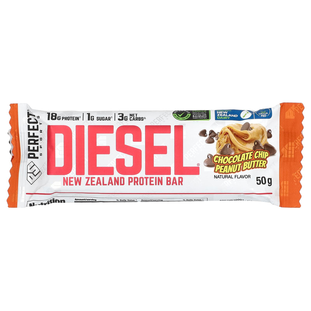 PERFECT Sports, Diesel, новозеландский протеиновый батончик, шоколадная крошка и арахисовая паста, 12 батончиков по 50 г
