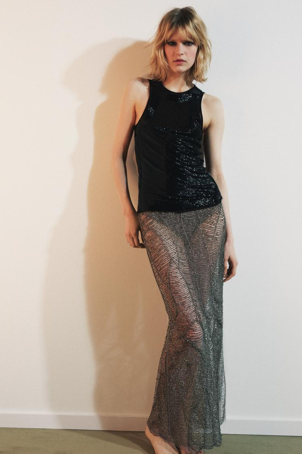 ZARA ТОП КОМБИНИРОВАННЫЙ С БУСИНАМИ, ЧЕРНЫЙ