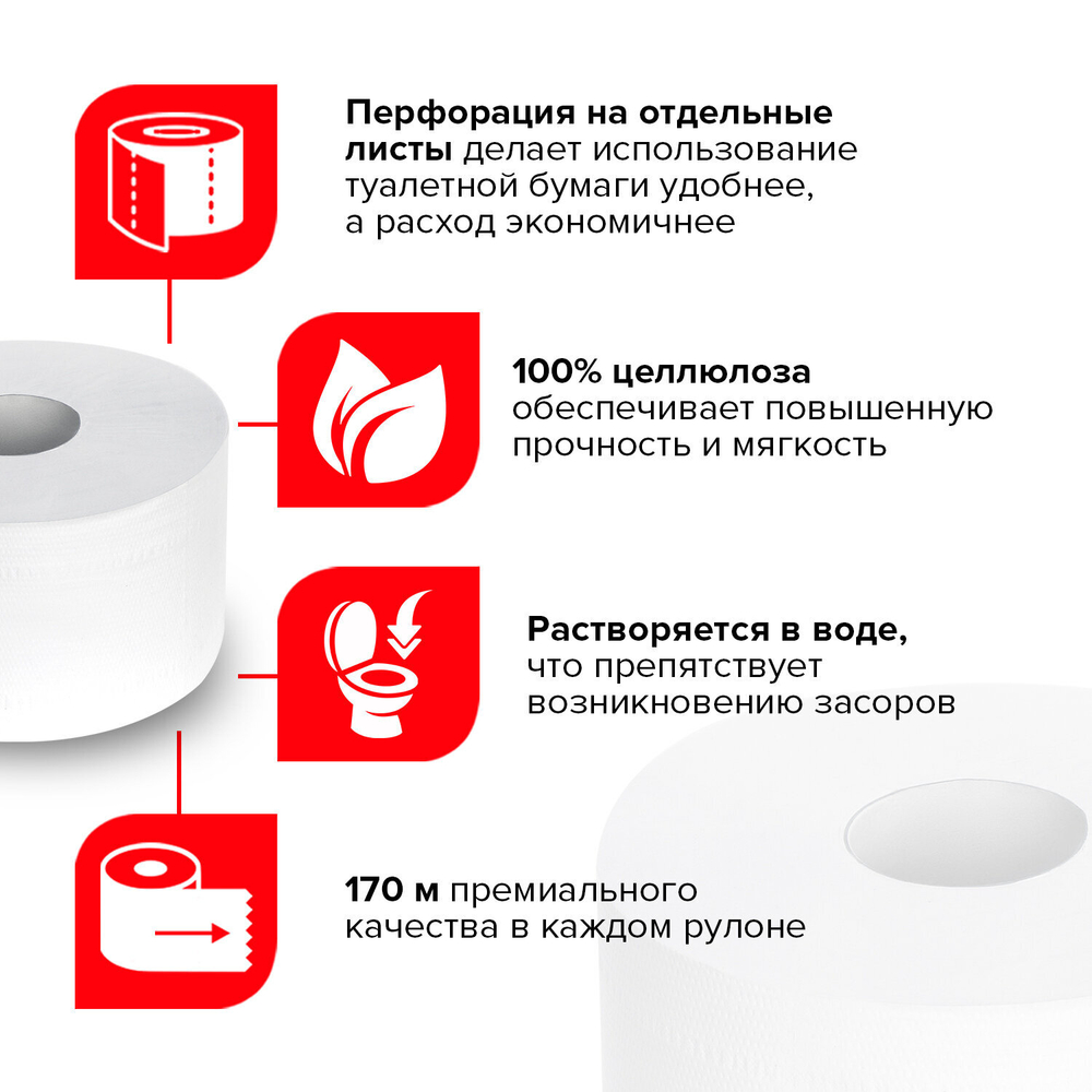 Бумага туалетная 170 м, LAIMA (T2), PREMIUM, 2-слойная, цвет белый, КОМПЛЕКТ 12 рулонов.
