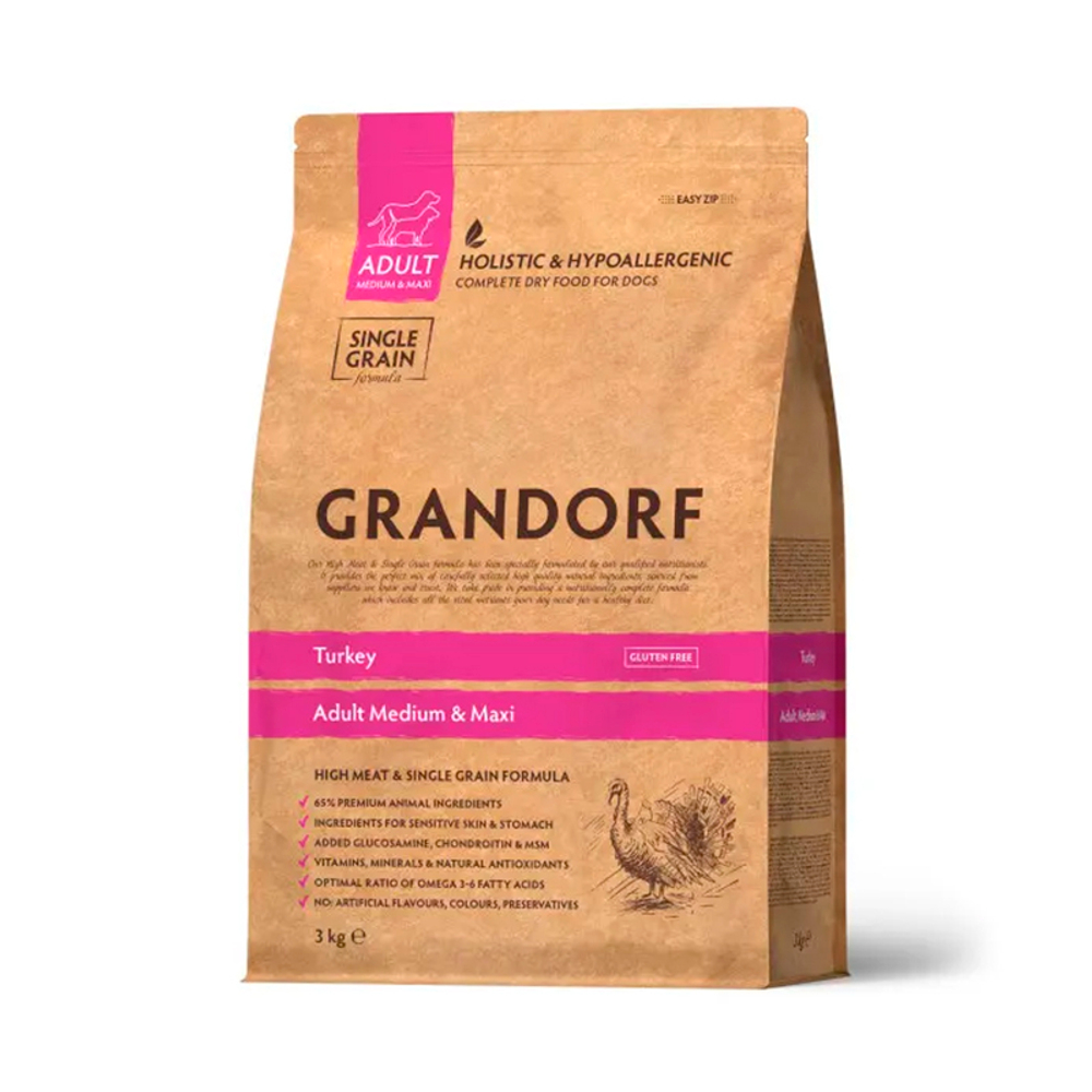 Сухой корм Grandorf Dog Turkey MED&MAX с индейкой для средних и крупных собак, 3 кг (Грандорф)
