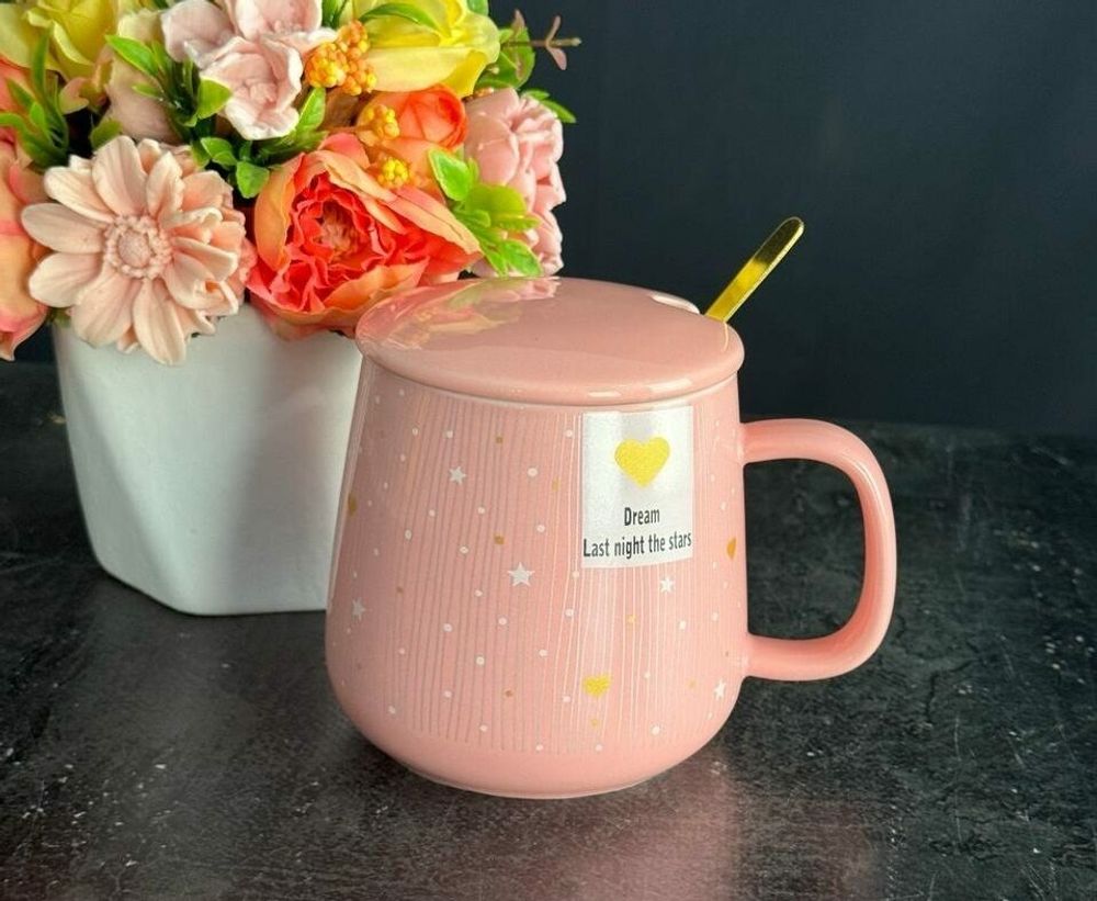 Lenardi 315-045 Кружка 420мл с крышкой и ложкой в под.уп.(х36)Фарфор