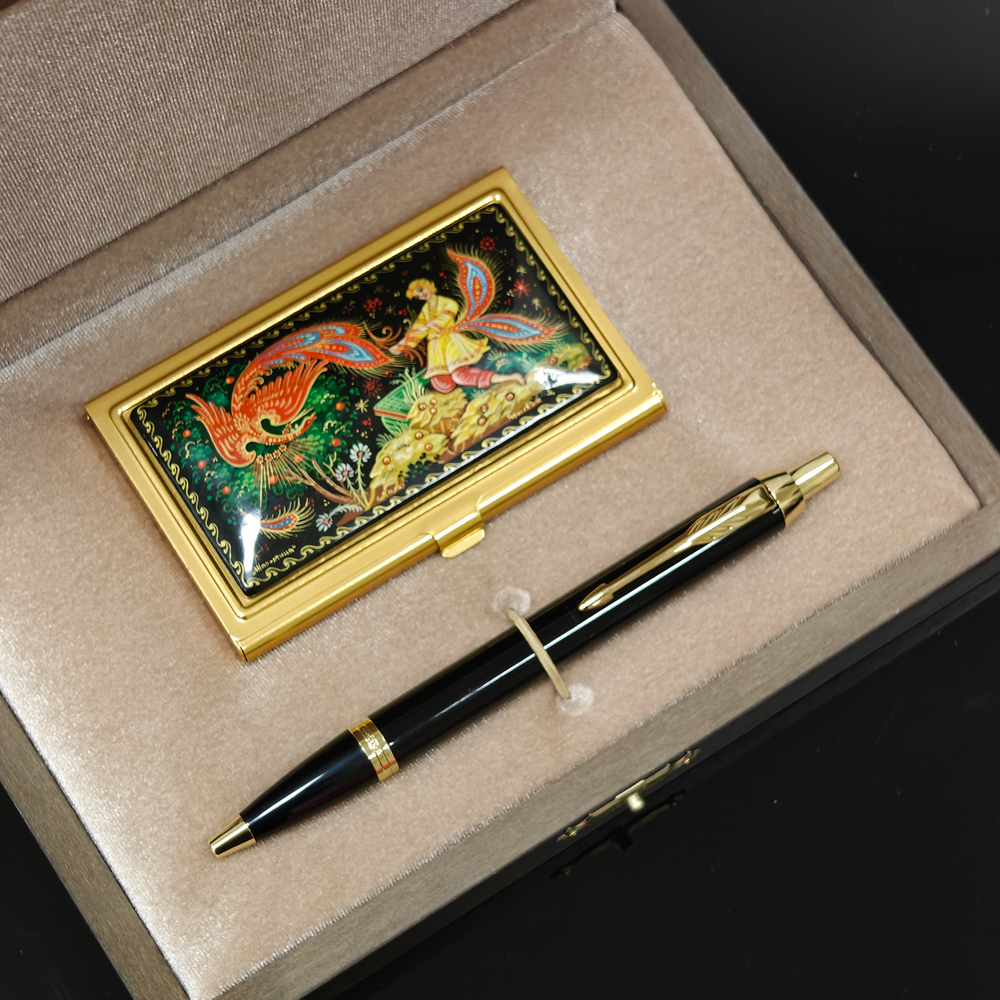 Набор подарочный "Иван и Жар-птица" №051 визитница персональная с ручной росписью и ручка Parker