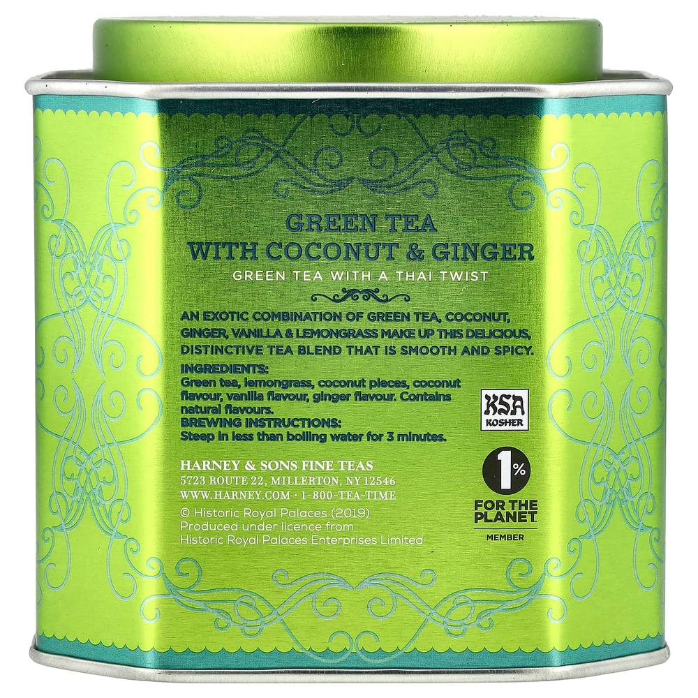Harney & Sons, зеленый чай с кокосом, имбирем и ванилью, 30 пакетиков, 75 г (2,67 унции)