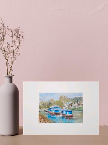 Картина авторская акварельная в паспарту 21х30 см на стену для интерьера "Пристань у кремля. Рязань"