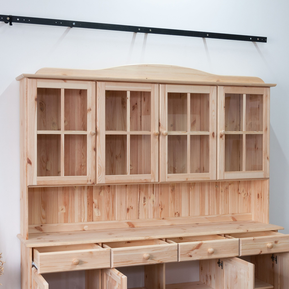 Шкаф витрина Лена четырехдверный 174х39х190 см из массива сосны / буфет для кухни, в натуральной отделке
