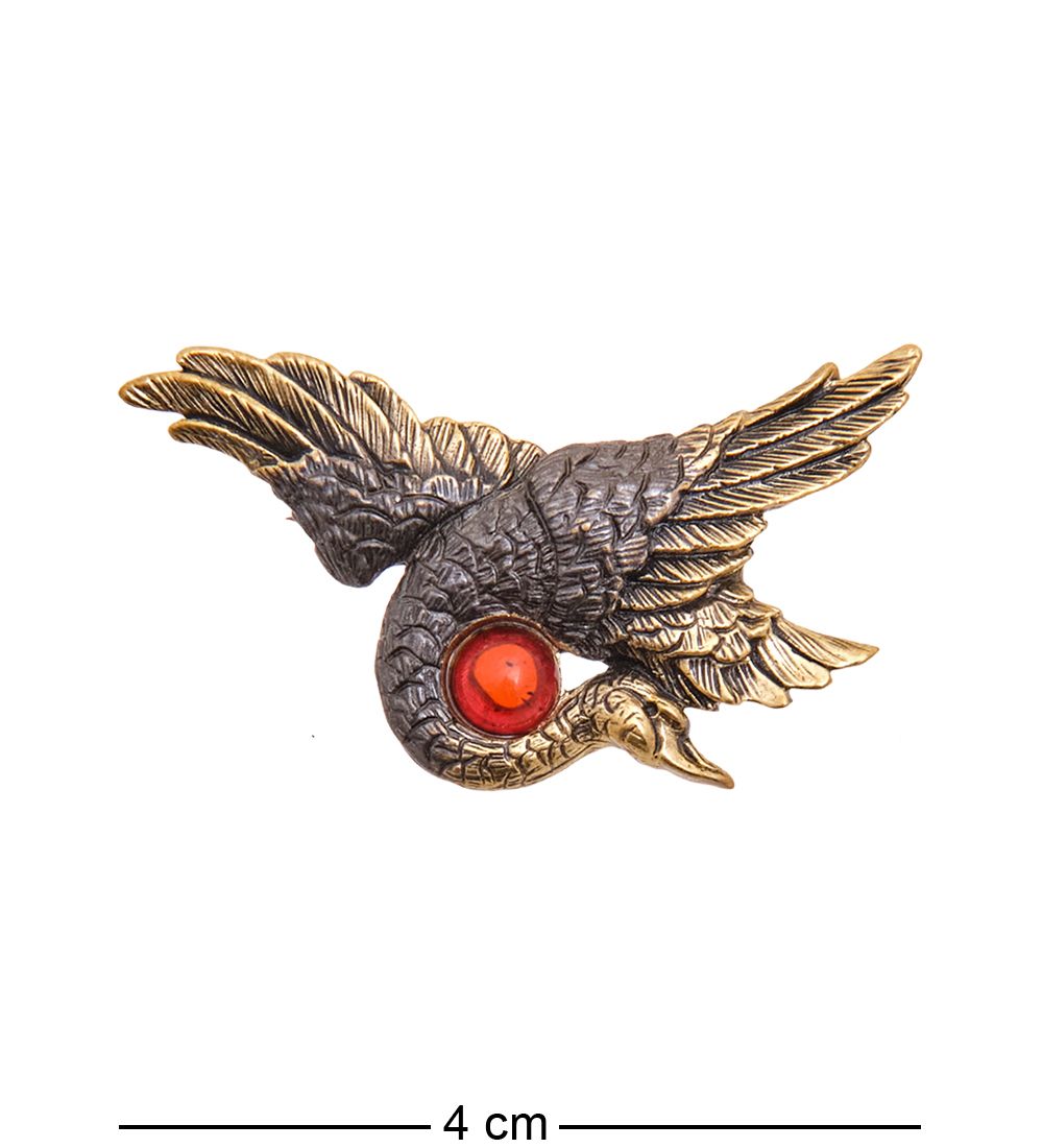 AM-3475 Брошь «Лебедь летящий» (латунь, янтарь)