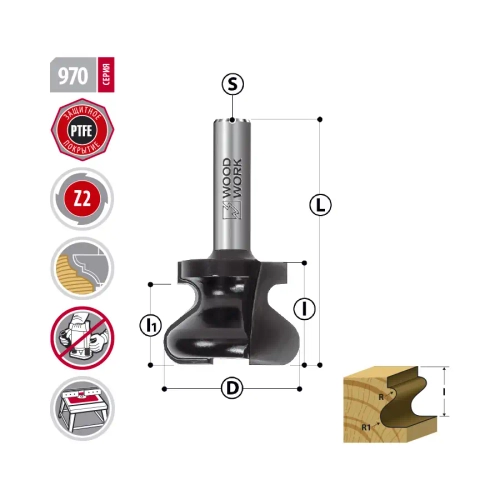 Фреза для скрытых ручек D=30 I=22 L=52 S=8 мм R=5/2,8 Woodwork 970.5030.08