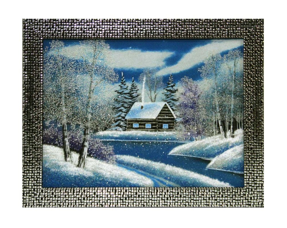 Картина№4 &quot; Зимний пейзаж с домиком&quot; рисованная уральскими минералами в пластиковом багете 37-47-1.5см