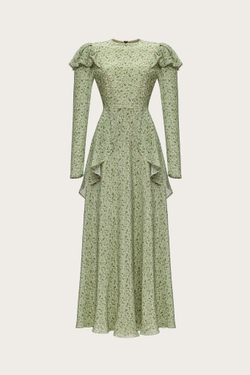 Платье-макси из зеленого шелкового крепдешина с авторским принтом