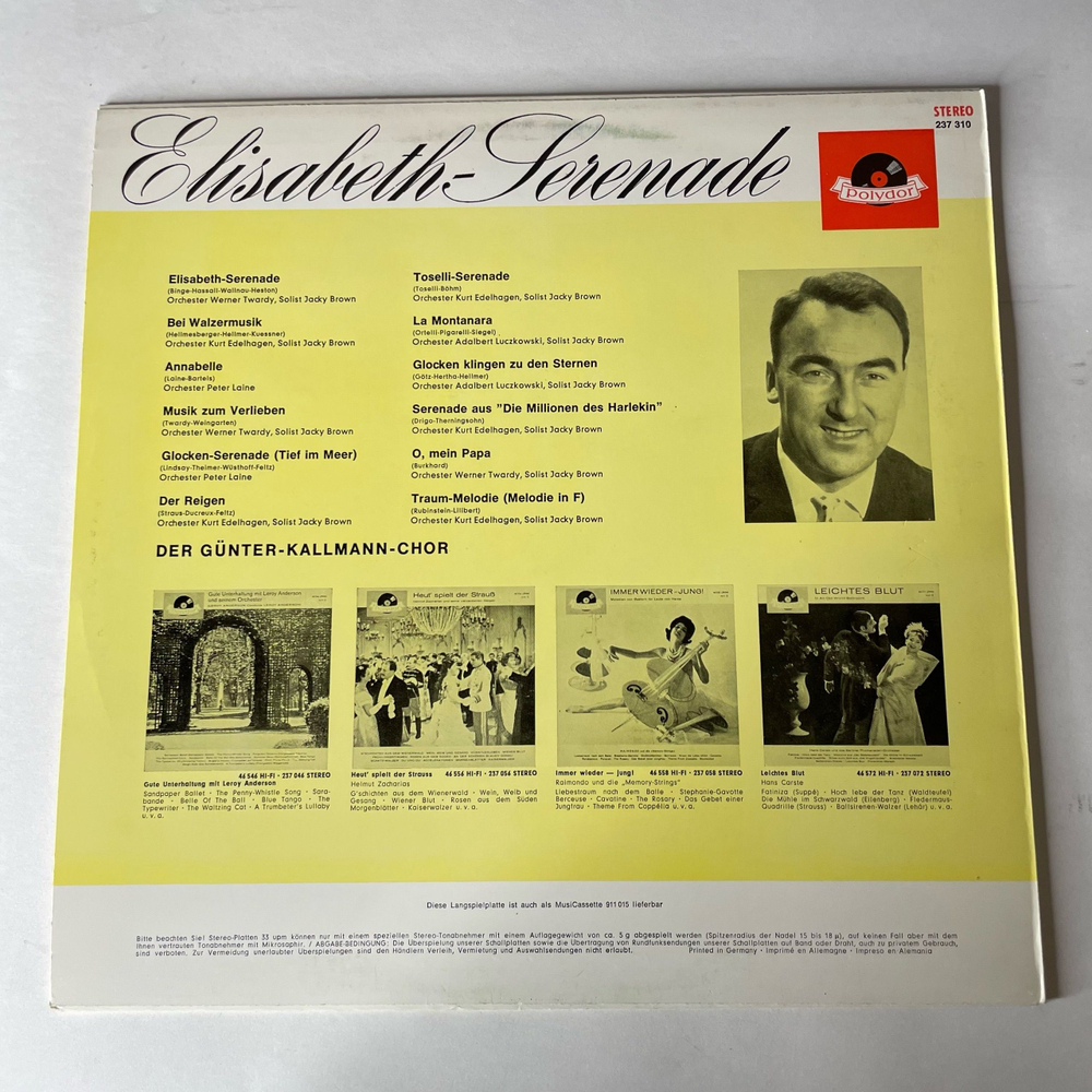 Винтажная виниловая пластинка LP Der Gunter Kallmann Chor, Elisabeth Serenade, Хор Гюнтера Каллмана, Серенада Элизабет (Германия 1966)