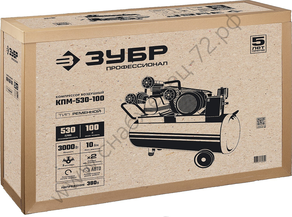 ЗУБР 530 л/мин, 100 л, 3000 Вт, ременной масляный компрессор, Профессионал (КПМ-530-100)