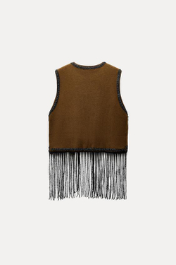 ZARA ТРИКОТАЖНЫЙ ЖИЛЕТ С БИСЕРОМ, КОРИЧНЕВЫЙ