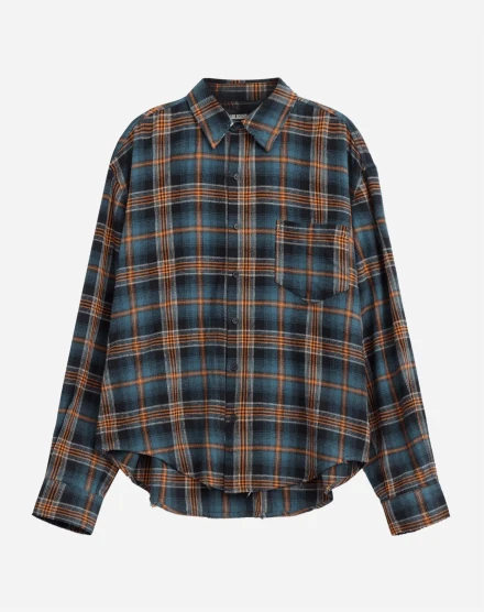 Рубашка в клетку с необработанным краем сине-зеленая