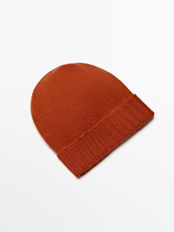 Massimo Dutti Шапка бини из 100% кашемира в рубчик с отворотом, оранжевый