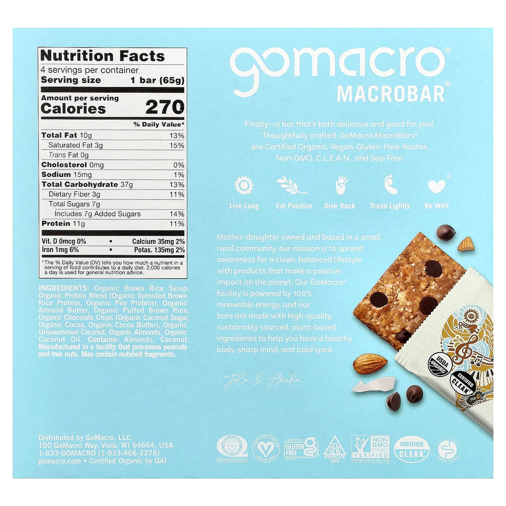 GoMacro, MacroBar®, Everancing Joy, кокосовое масло, миндальная паста и шоколадная крошка, 4 батончика по 65 г (2,3 унции)