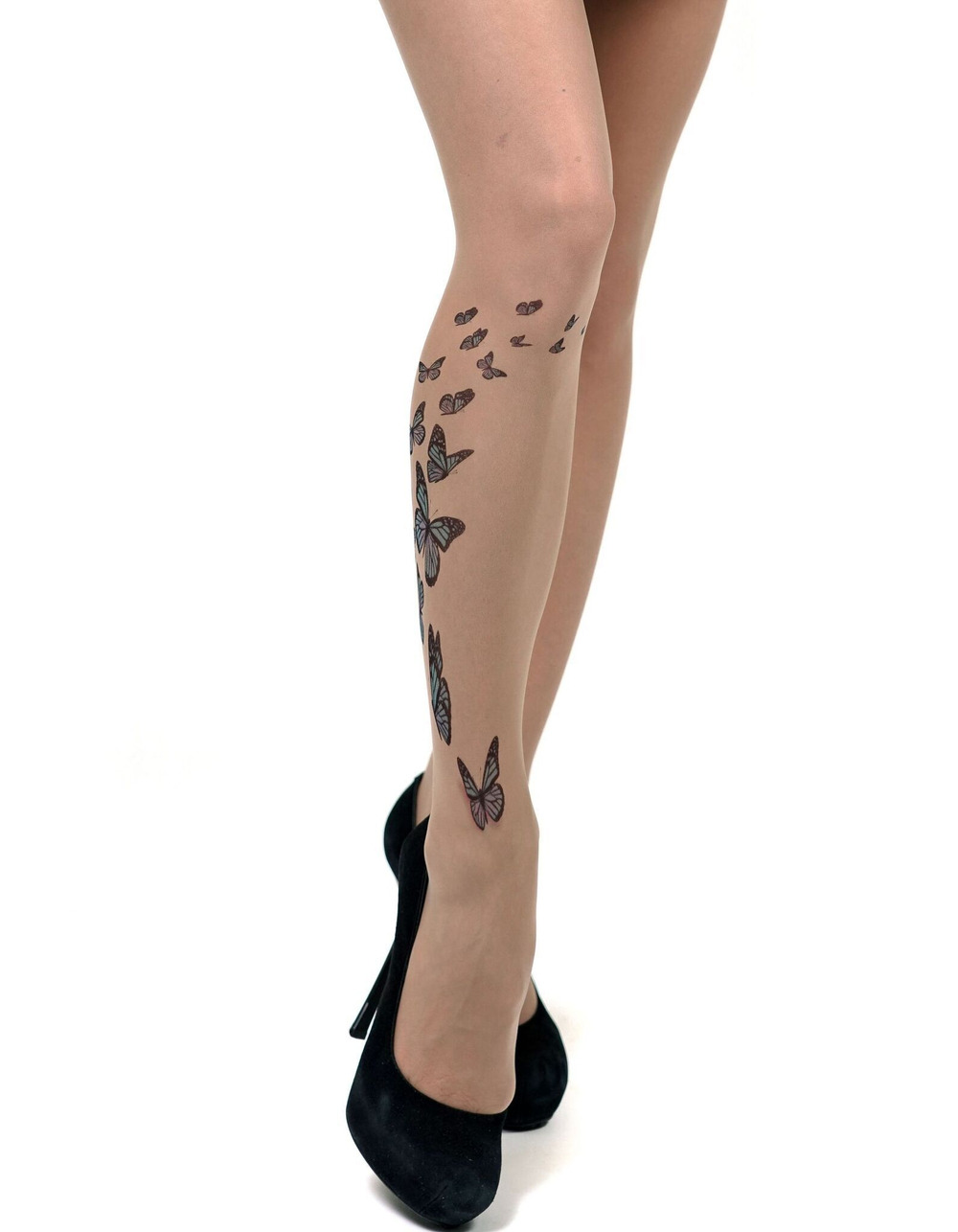 Колготки с принтом в виде голубых бабочек на правой ножке (Размер: S-M-L) (Цвет: бежевый)
