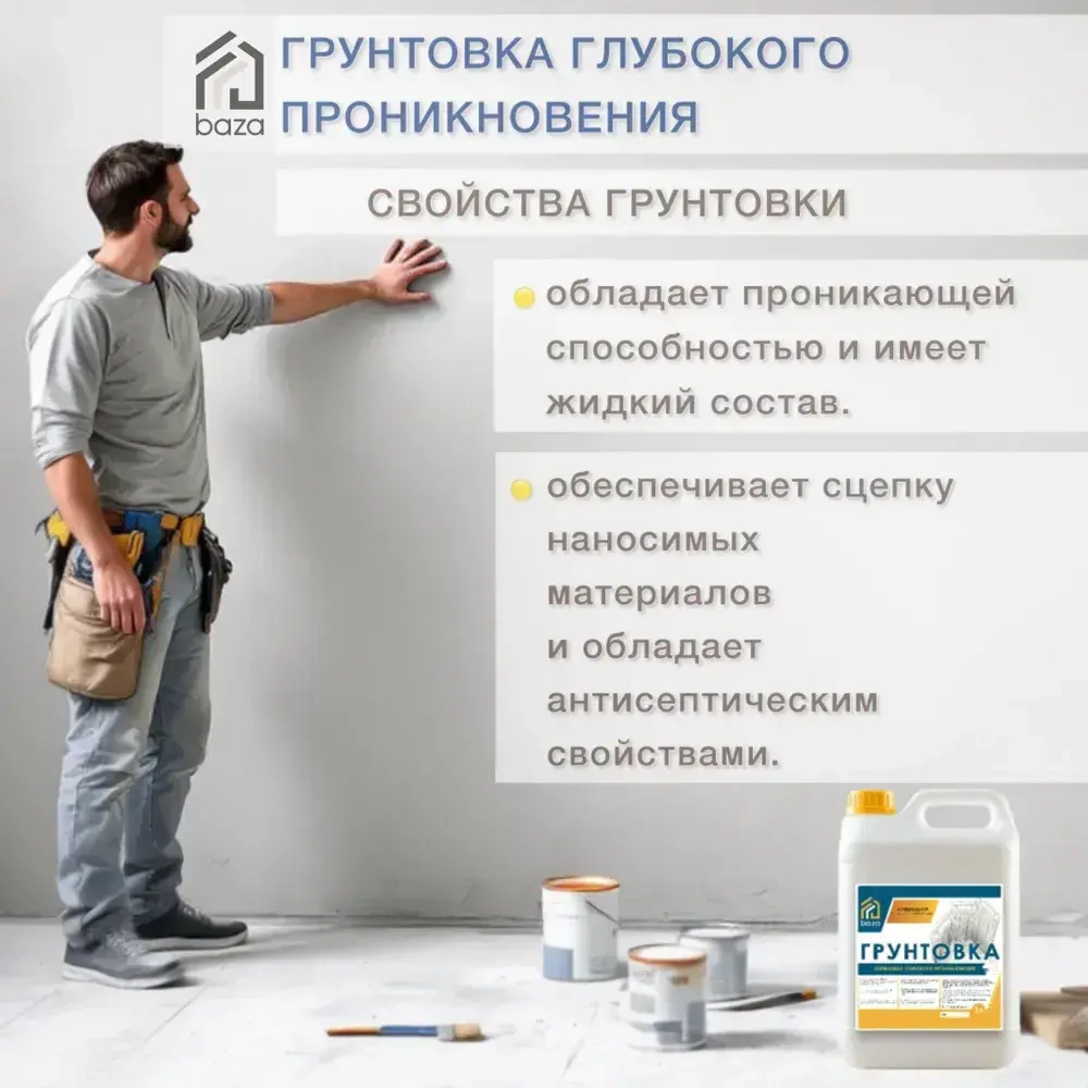 Грунтовка для стен потолков акриловая, водная, универсальная, глубокого проникновения baza 3 л противоплесневая противогрибковая для строительных работ перед поклейкой обоев покраской