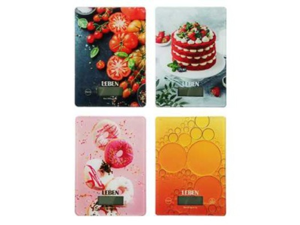 Весы кухонные электронные LEBEN нагрузка до 5кг стекло с дизайном прямоугольные (24шт/кор)