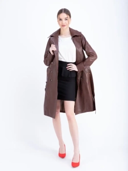 Тренч длинный кожаный с поясом плащ на весну